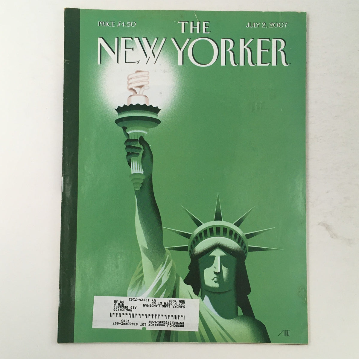 The New Yorker magazine cover from July 2, 2007, featuring the Statue of Liberty and titled 'Light of Liberty' by Bob Staake, showcasing vibrant green colors.