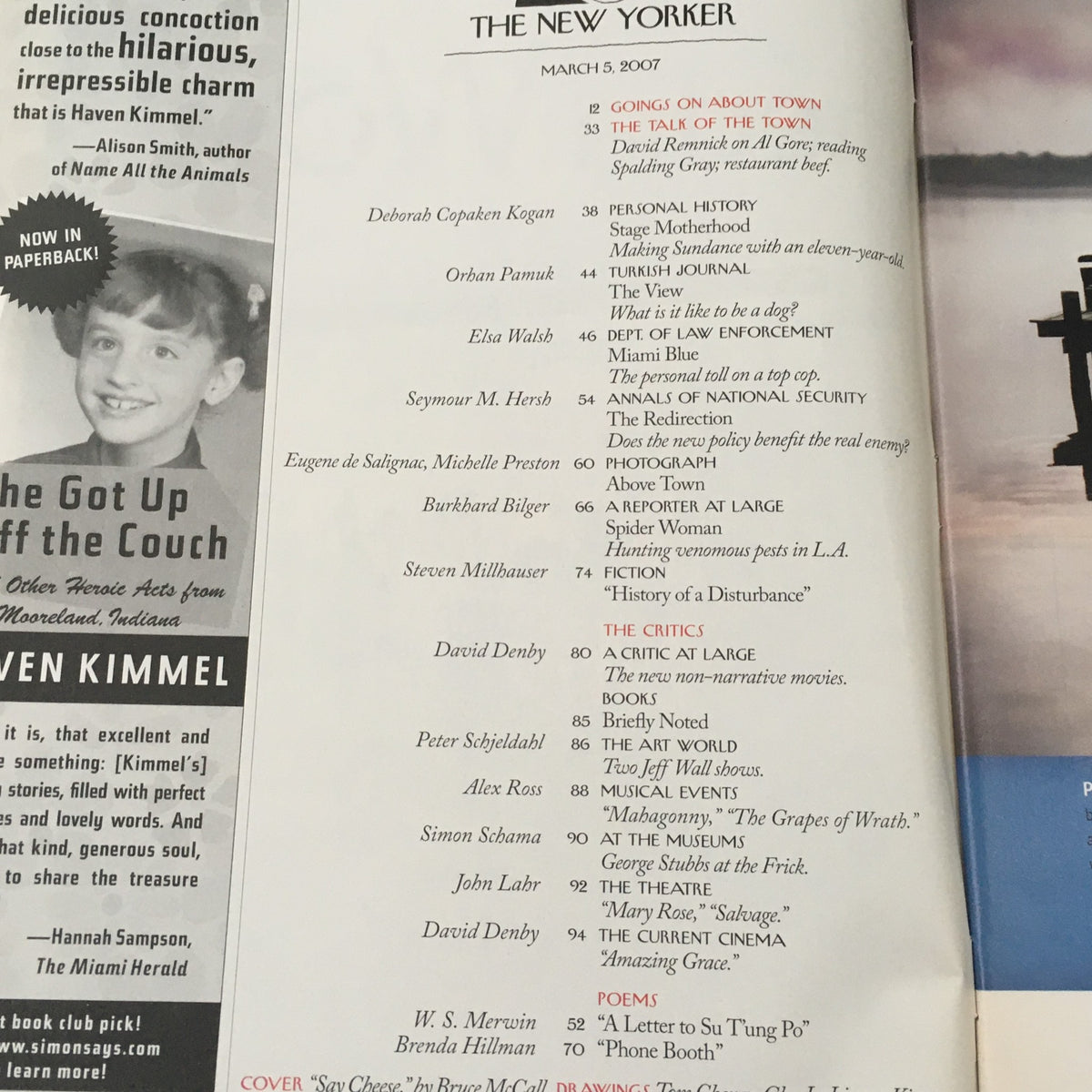Table of contents from The New Yorker magazine, March 5, 2007, listing various articles and contributors including Bruce McCall and Seymour M. Hersh. The layout reflects the magazine’s classic design and editorial richness.