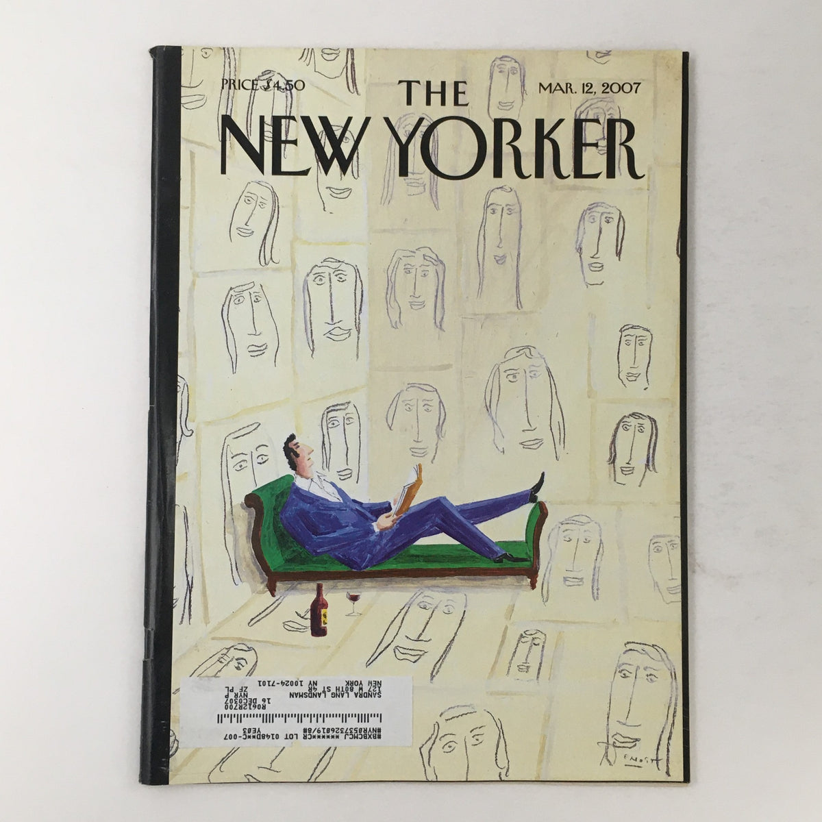 The New Yorker Full Magazine March 12 2007 cover featuring the artwork 'The Different Faces' by Benoit van Innis, showcasing an illustration of a man lounging with a bottle of wine against a backdrop of stylized faces.