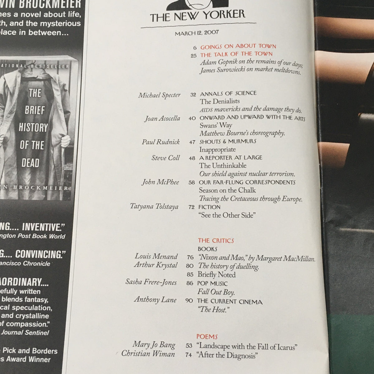 Inside page of The New Yorker Full Magazine March 12 2007 displaying the Table of Contents, listing articles such as 'Talk of the Town' and contributions from various writers.