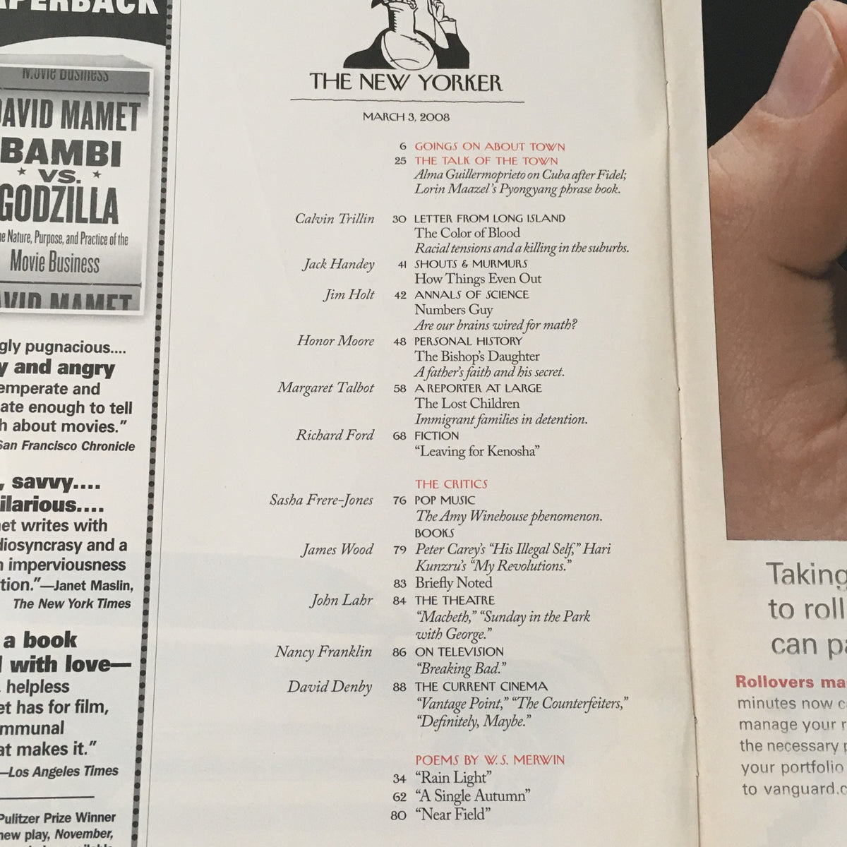 Interior page of The New Yorker Full Magazine March 3 2008, displaying the table of contents that highlights featured articles and contributors in the issue.