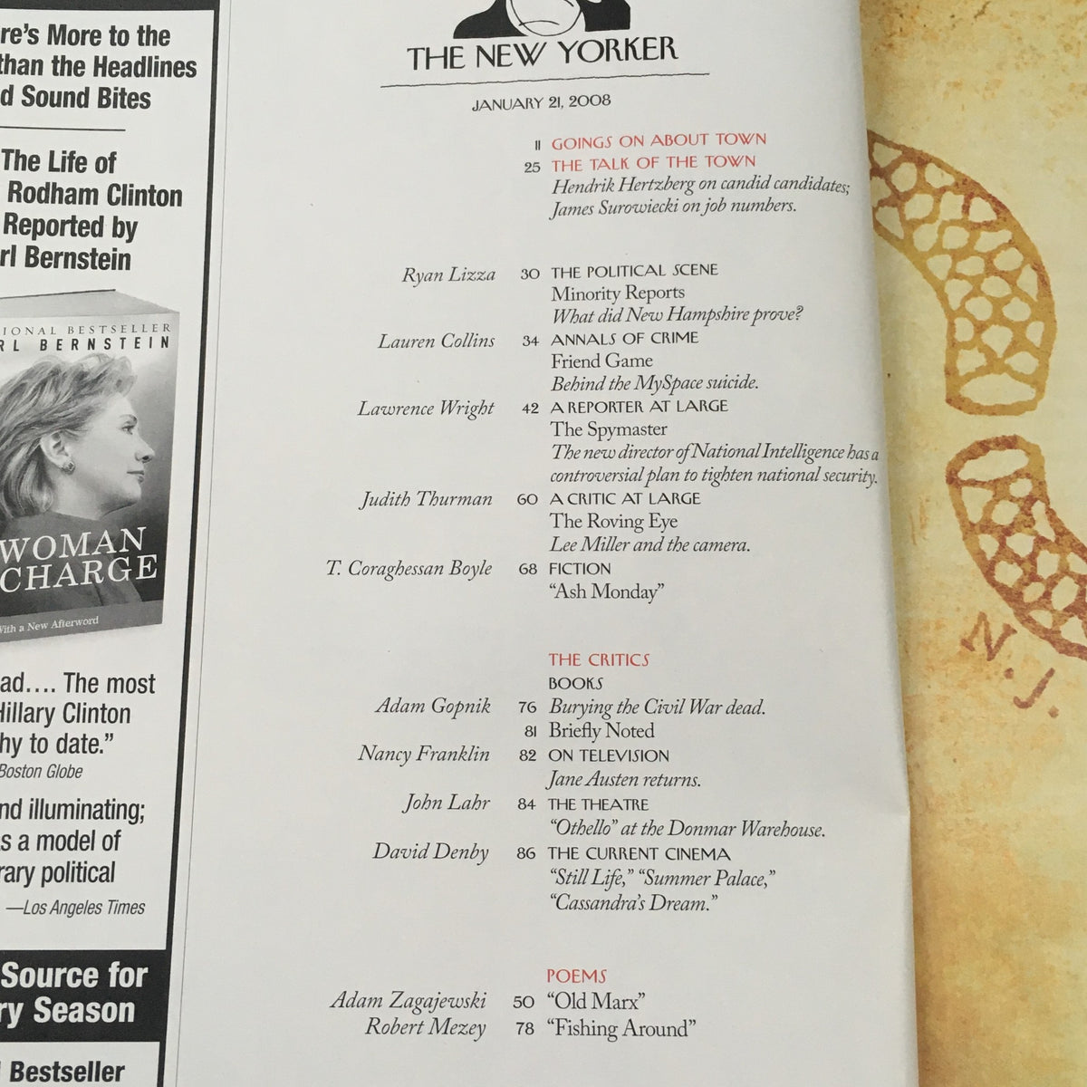Table of contents for The New Yorker January 21, 2008, listing articles and writers featured in this issue.