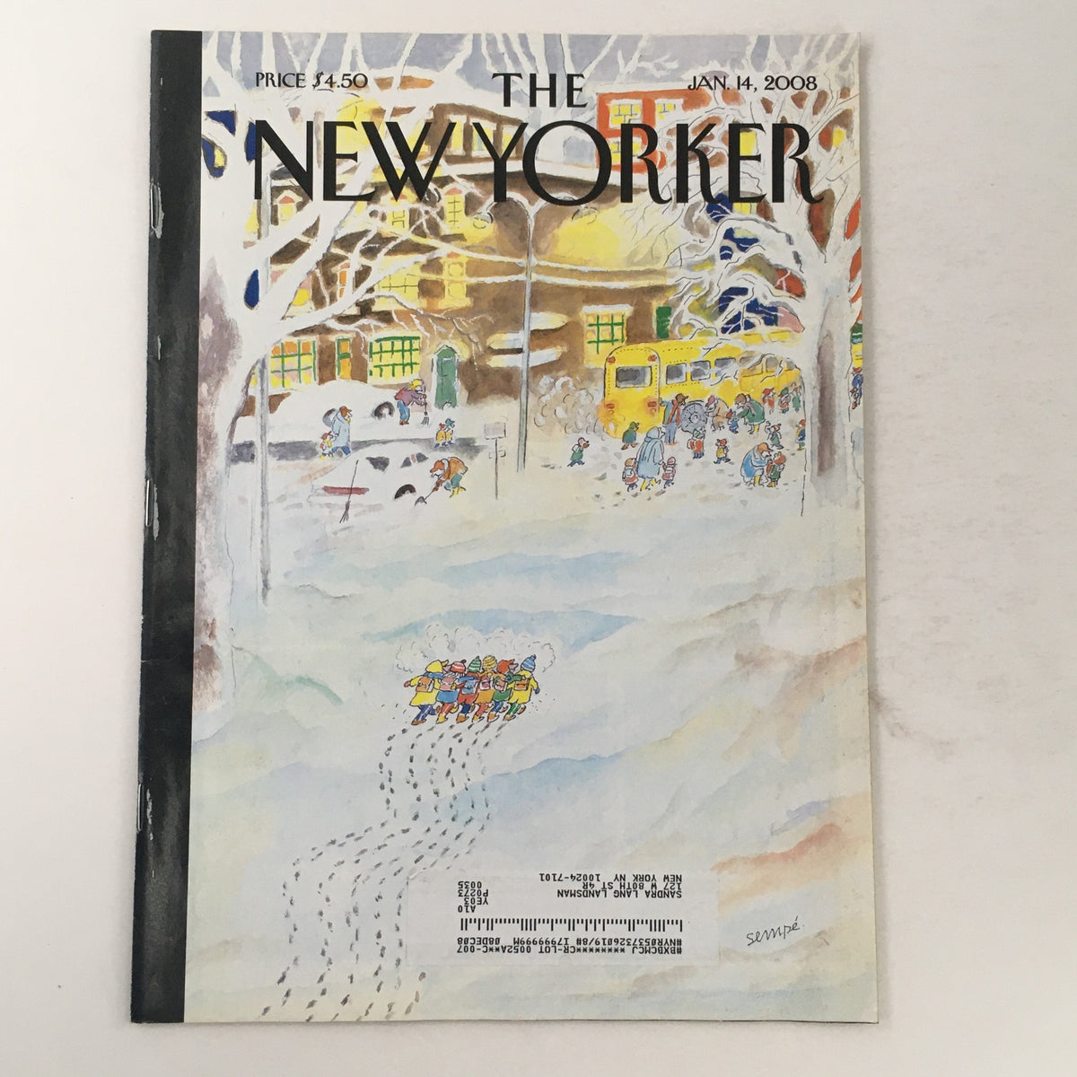 Cover of The New Yorker magazine from January 14, 2008, featuring a whimsical illustration by Jean-Jacques Sempé depicting a snowy scene with children and a bus.