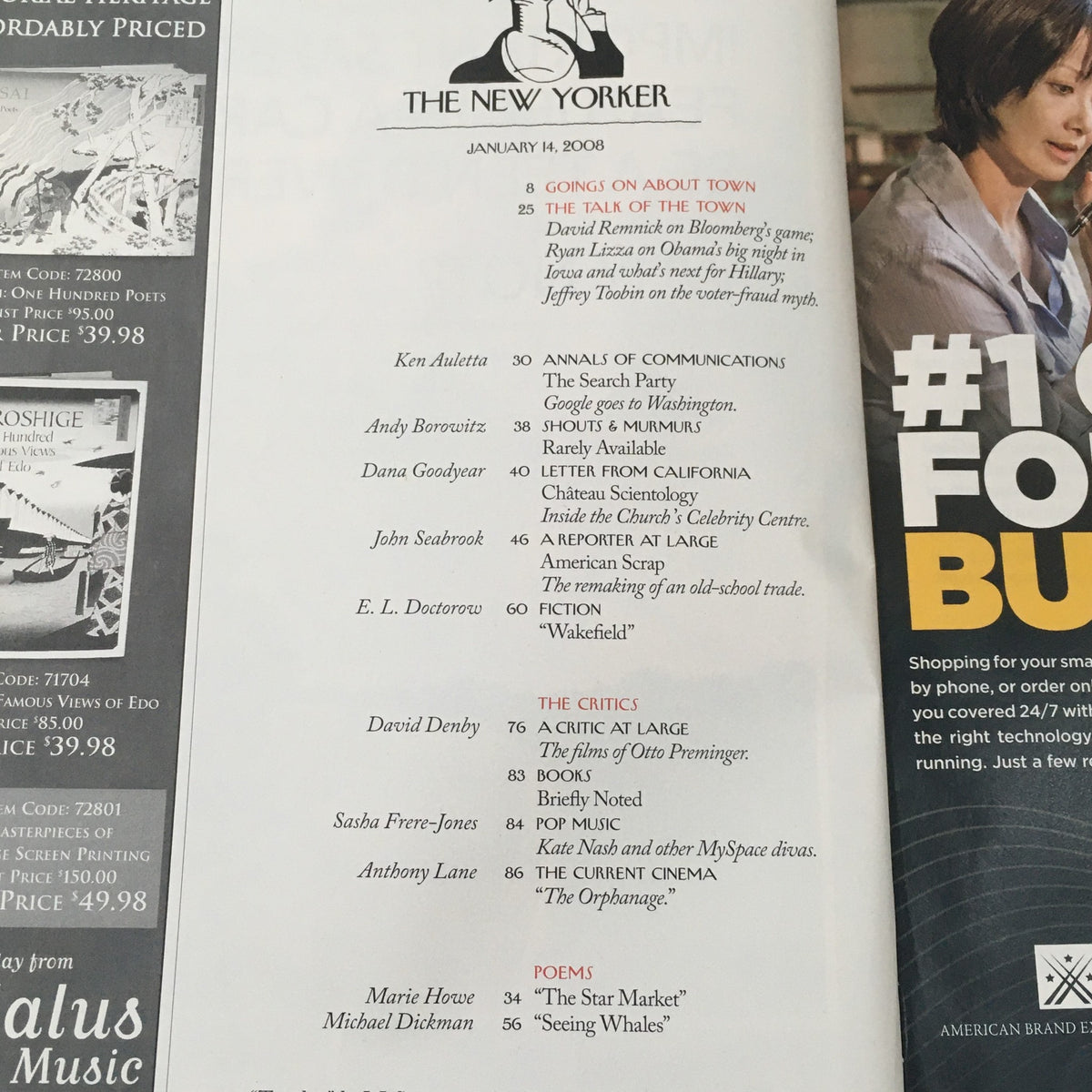 Table of contents for The New Yorker magazine, January 14, 2008, listing notable articles and contributors including Ken Auletta and David Denby.