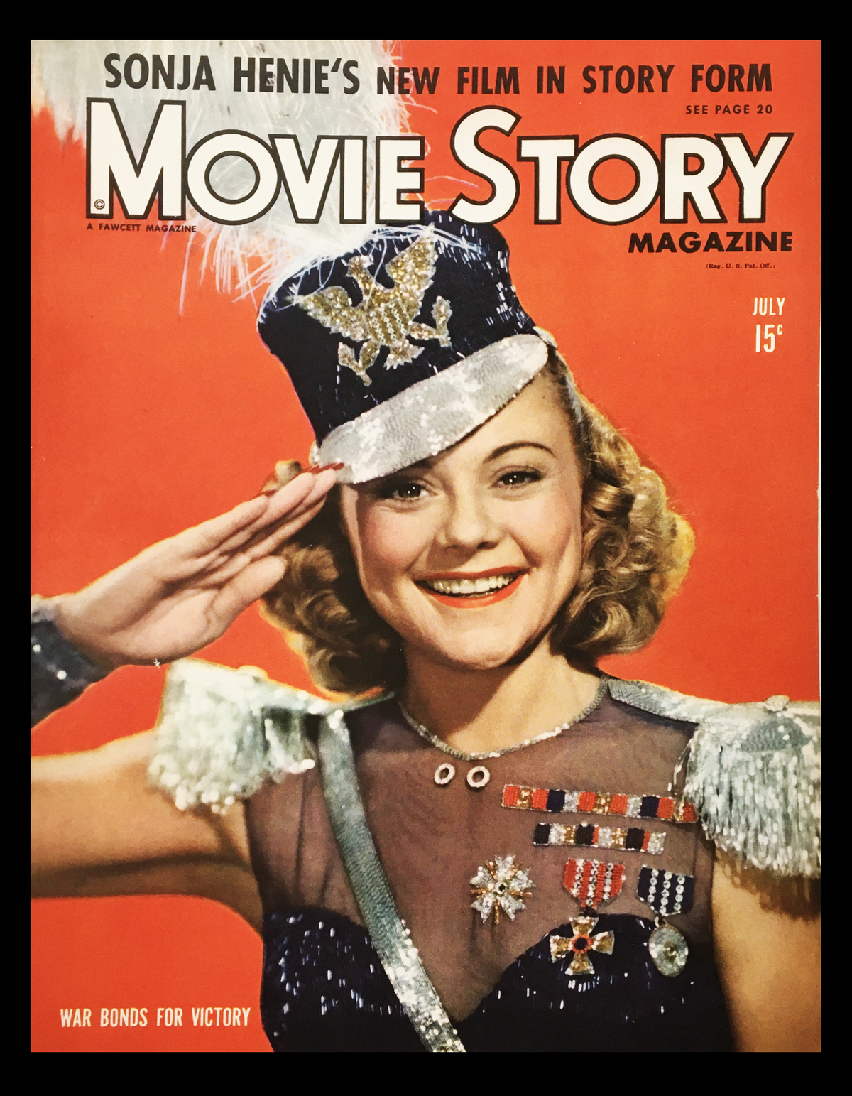 COVER ONLY Movie Story Magazine July 1943 featuring Sonja Henie in a military-themed outfit, saluting, promoting War Bonds, capturing the glamour of 1940s Hollywood.