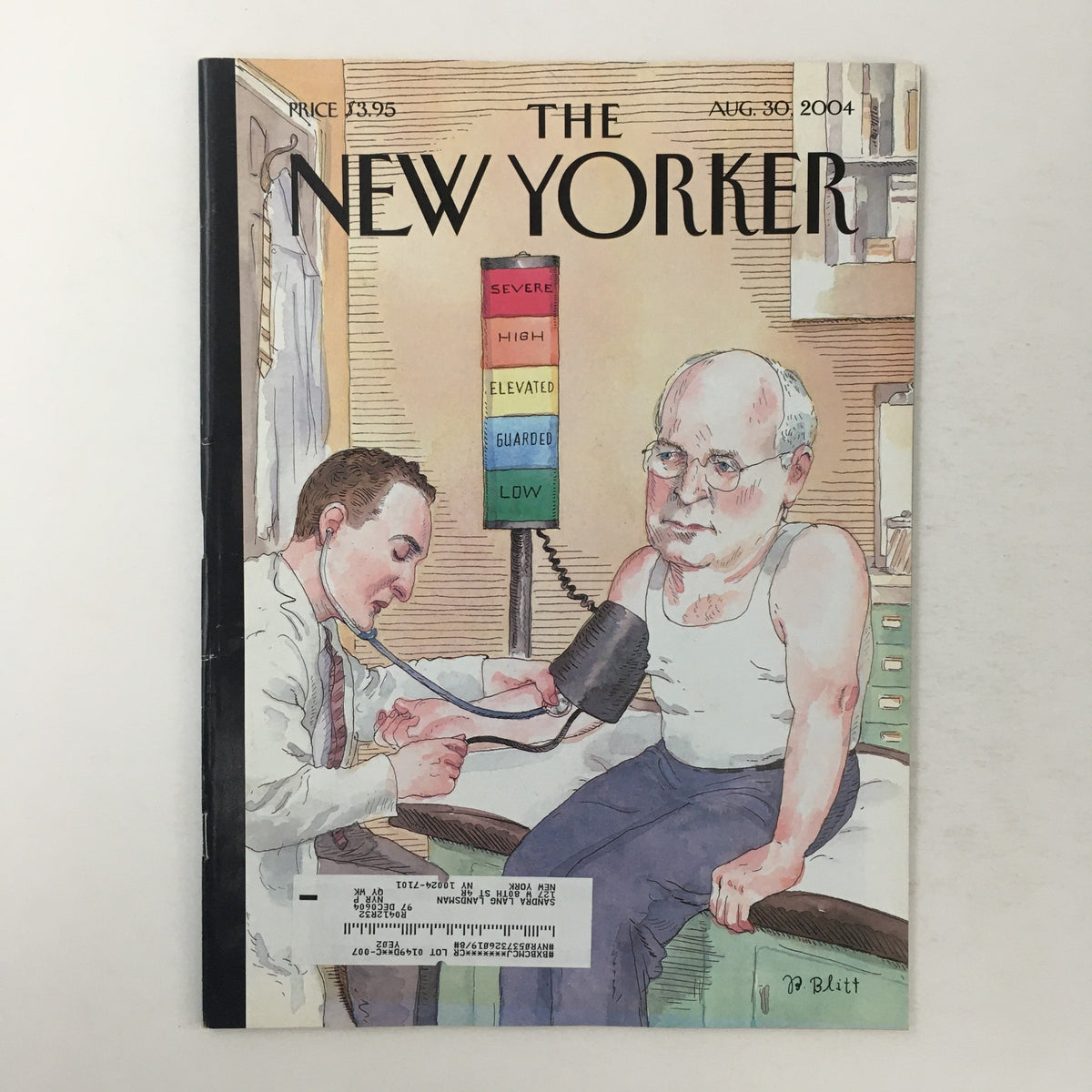 Cover of The New Yorker Full Magazine - August 30, 2004 featuring the artwork 'Blood Pressure' by Barry Blitt, depicting a doctor taking a patient's blood pressure with a humorous illustration style.
