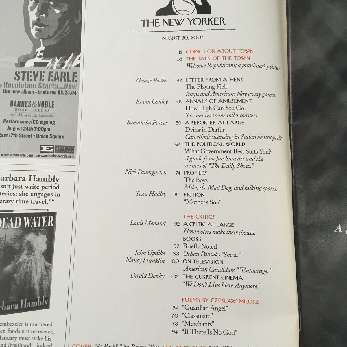 Interior page of The New Yorker Full Magazine - August 30, 2004, showcasing the table of contents including various articles and poems, featuring notable names such as George Packer and Tess Gallagher.