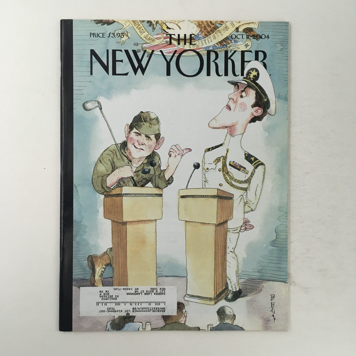 Cover of The New Yorker magazine from October 11, 2004, featuring a humorous illustration by Barry Blitt depicting a debate between a golfer and a naval officer, highlighting the theme of stage beauty.