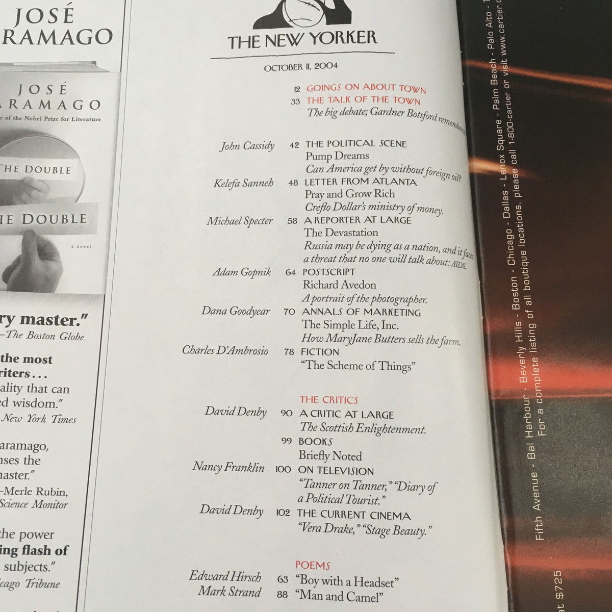 Inner page of The New Yorker magazine from October 11, 2004, listing articles and contents, showcasing the rich literary and cultural discussions within this vintage edition.