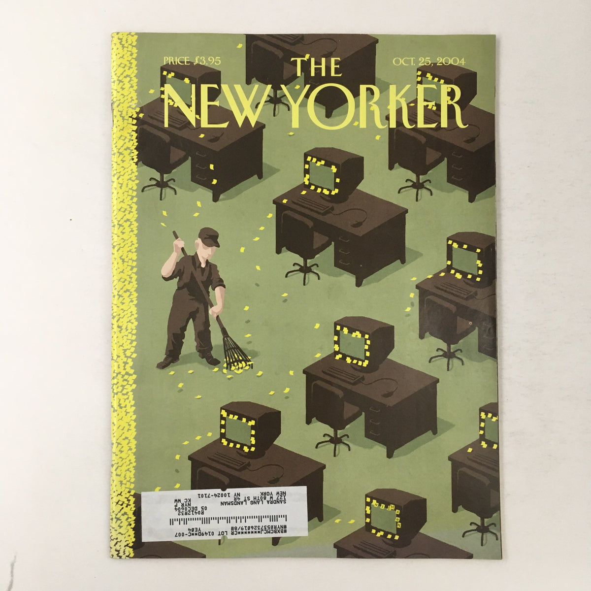 Cover of The New Yorker Magazine October 25, 2004, featuring the illustration 'Autumn Chores' by Christoph Niemann, depicting a whimsical autumn scene with desks and falling leaves.