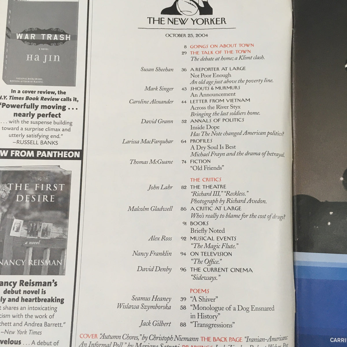 Table of contents from The New Yorker Magazine, October 25, 2004, featuring articles, reviews, and the cover illustration titled 'Autumn Chores' by Christoph Niemann.