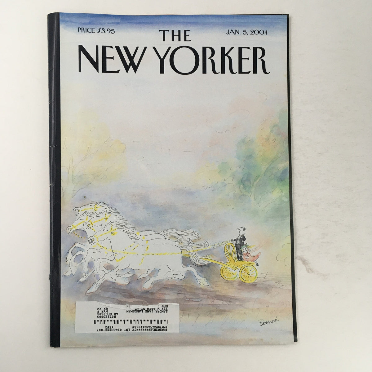 The New Yorker Full Magazine January 5, 2004 featuring the cover art 'Carriage' by Jean-Jacques Sempé, showcasing a whimsical illustration of a horse-drawn carriage in a serene landscape.