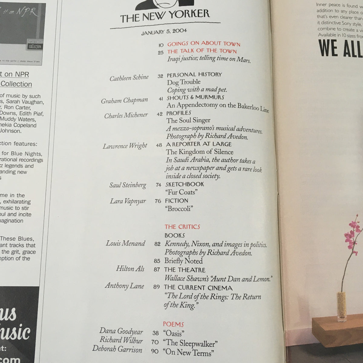 Interior page of The New Yorker Full Magazine January 5, 2004, displaying article listings and content highlights including 'The Talk of the Town' and contributions from various authors.