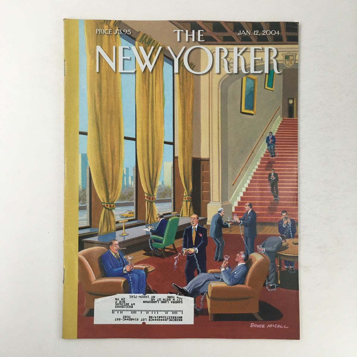 The New Yorker Full Magazine cover from January 12, 2004, featuring the illustrated scene titled 'Rich Prisoners' by Bruce McCall, showcasing elegant interior with characters engaging in conversation.
