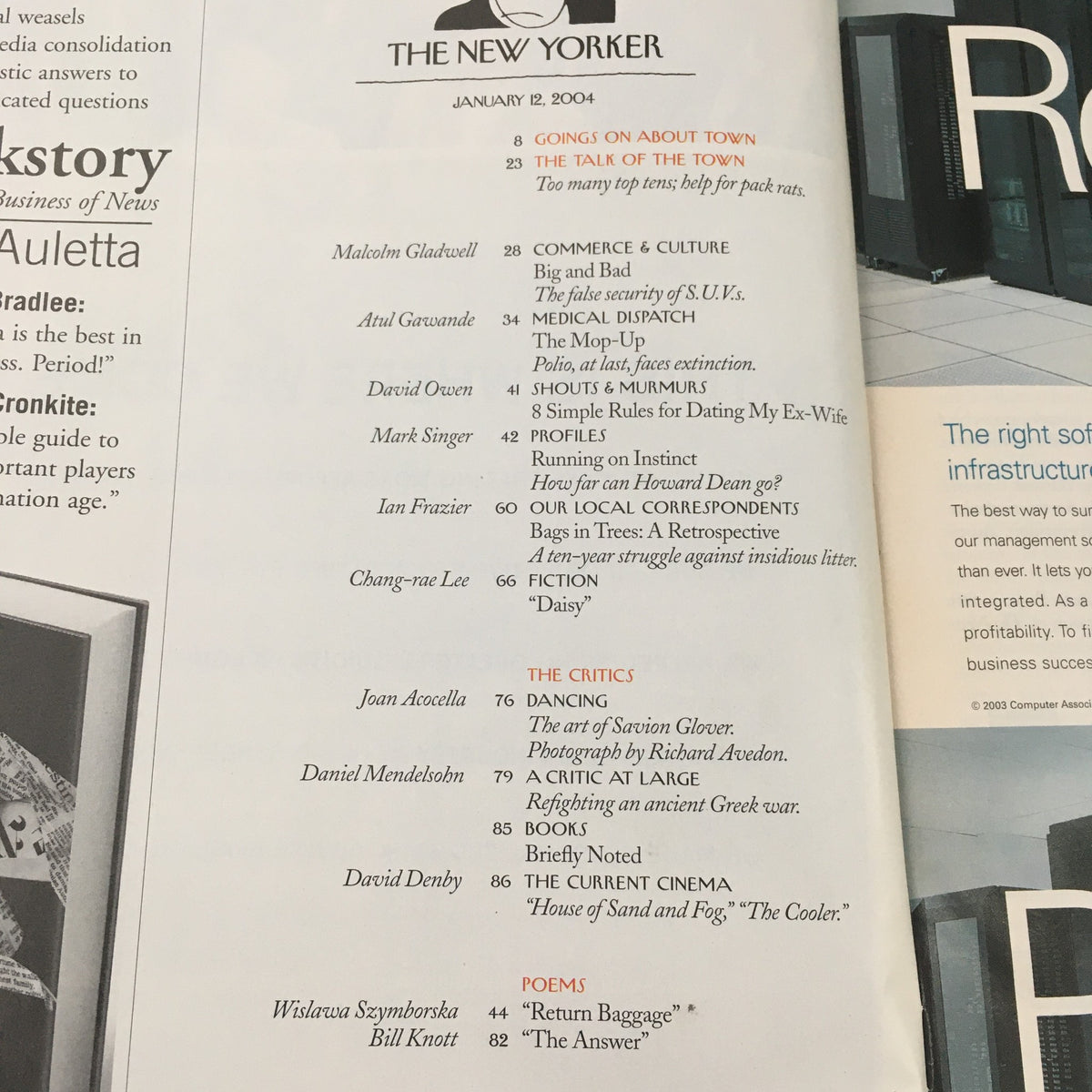 A page from The New Yorker January 12, 2004 magazine, displaying the table of contents including articles by Malcolm Gladwell, Adam Gopnik, and others.