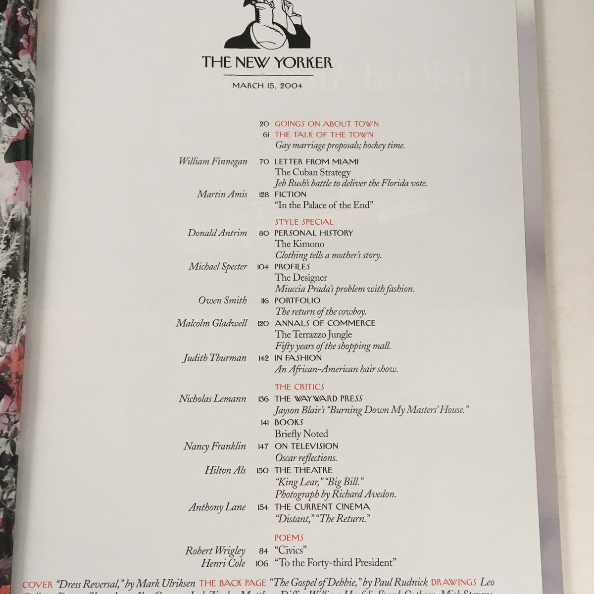 Contents page of The New Yorker March 15 2004 showcasing articles and features from that issue.