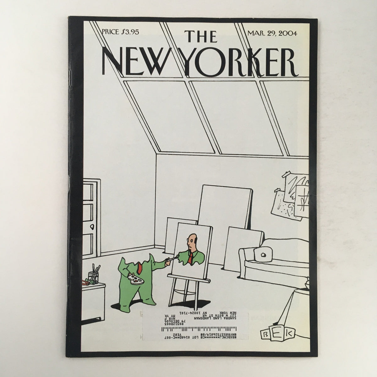 Cover of The New Yorker Full Magazine dated March 29, 2004 featuring a self-portrait by Bruce Eric Kaplan, showcasing an artistic illustration in a studio setting.