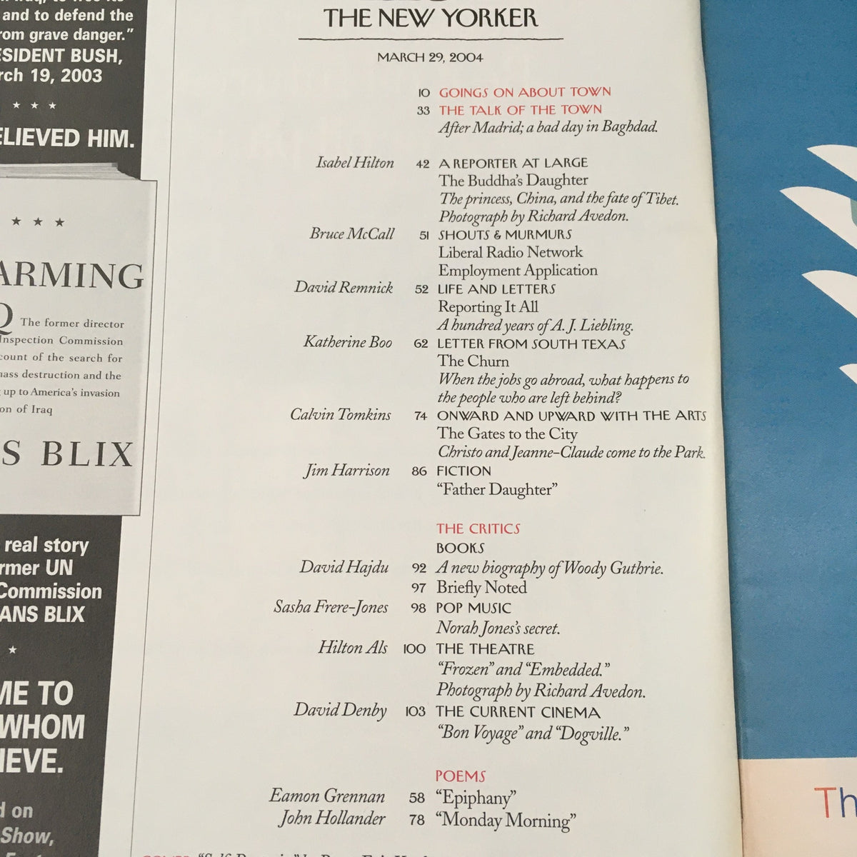 Table of contents from The New Yorker Full Magazine March 29, 2004, listing articles and contributors including Bruce Eric Kaplan and others.