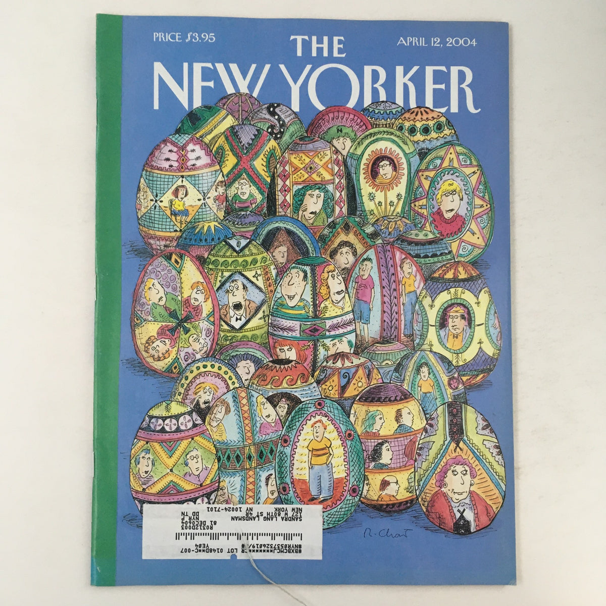 The New Yorker Full Magazine April 12 2004 featuring a vibrant cover illustration of Easter eggs by Rosalind Chast, showcasing intricate designs and playful characters, representative of early 2000s cultural commentary.