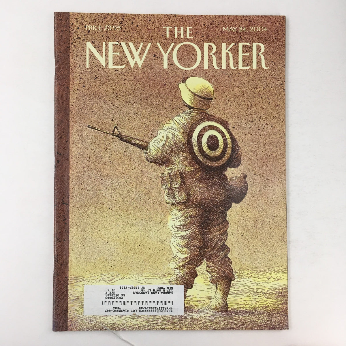 Cover of The New Yorker magazine from May 24, 2004, featuring the illustration 'Army of One' by Raul Colón, depicting a soldier with a bullseye backpack in a textured, muted color palette.