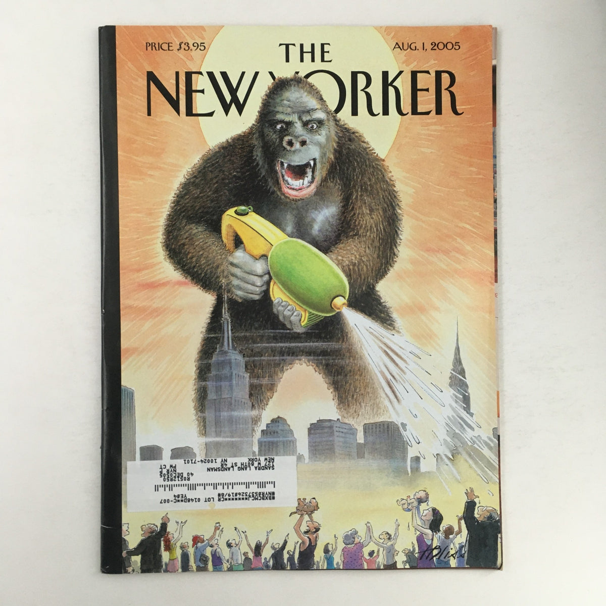 The New Yorker Full Magazine August 1, 2005 King Kong Cover by Harry Bliss featuring a vibrant illustration of King Kong spraying a crowd with a water gun against a skyline backdrop.