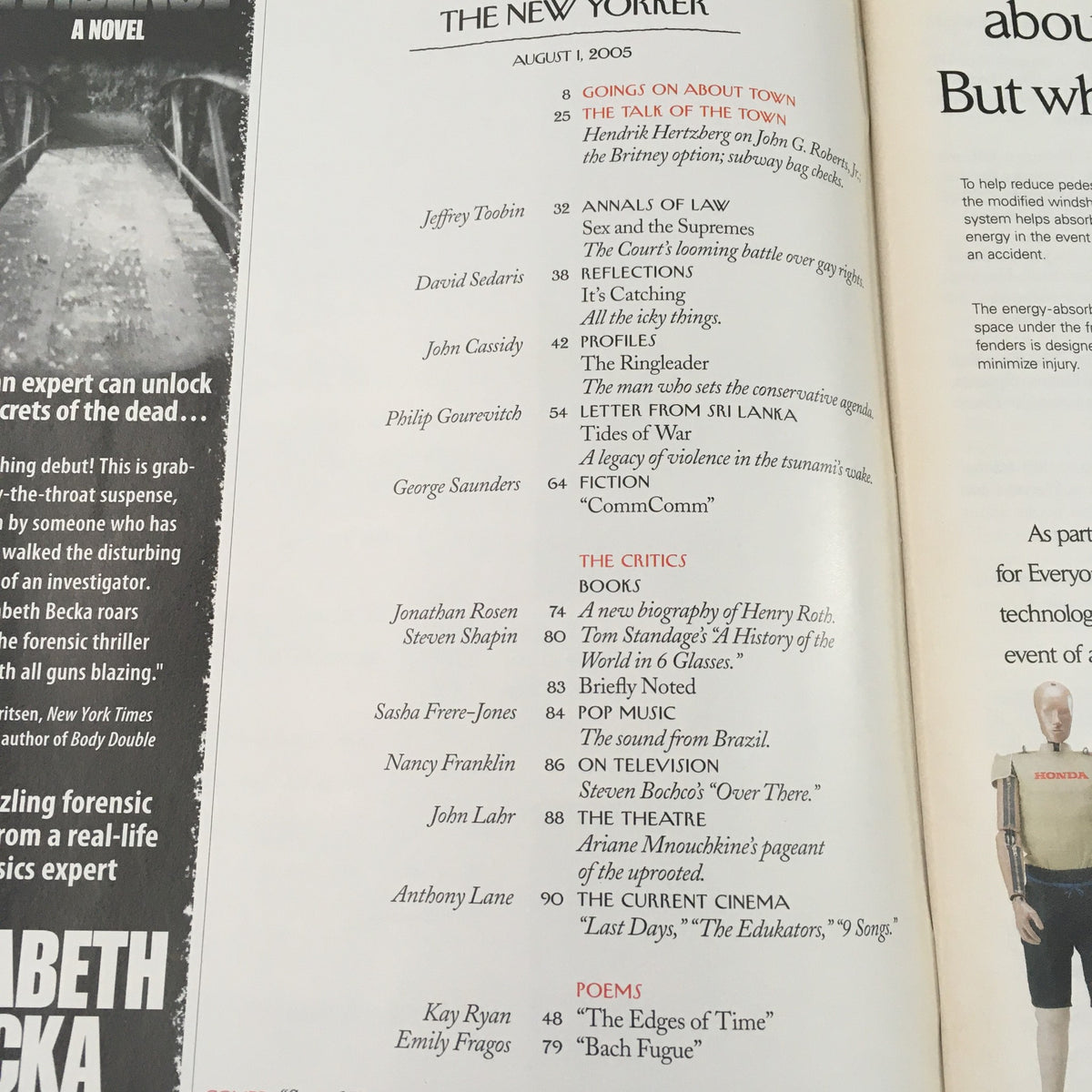 An interior page of The New Yorker Full Magazine August 1, 2005 displaying the table of contents, highlighting various articles and sections including 'Annals of Law' and 'Critics' Brief.'