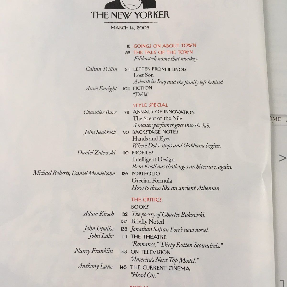 Table of contents for The New Yorker Full Magazine March 14, 2005, listing articles and features including The Talk of the Town and style special sections.