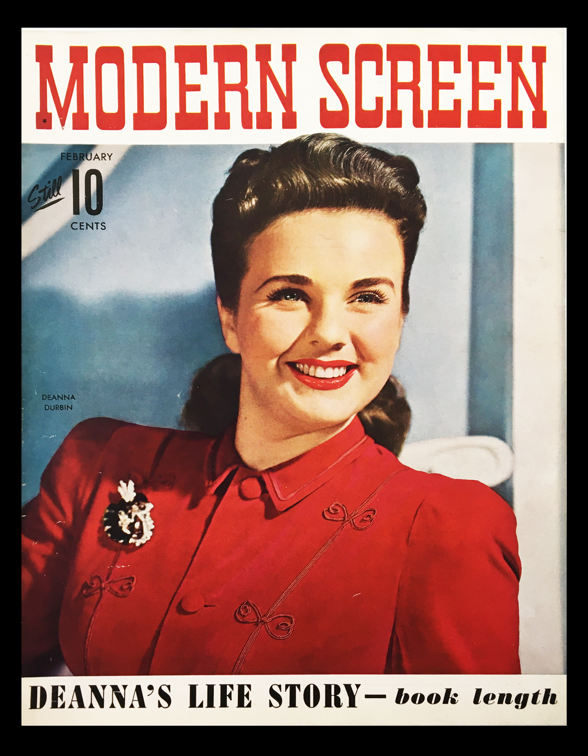 COVER ONLY Modern Screen Magazine February 1943 featuring Deanna Durbin, with vibrant colors and retro design, perfect for collectors.