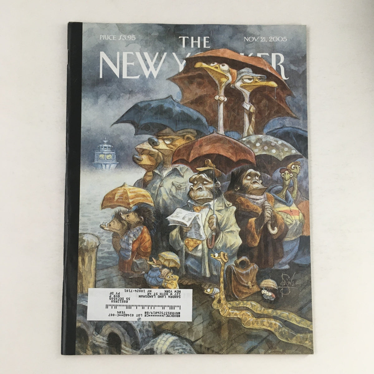 Cover of The New Yorker Full Magazine November 21 2005 showcasing whimsical art titled 'By Pairs' by Peter de Sève, featuring unique characters under umbrellas.