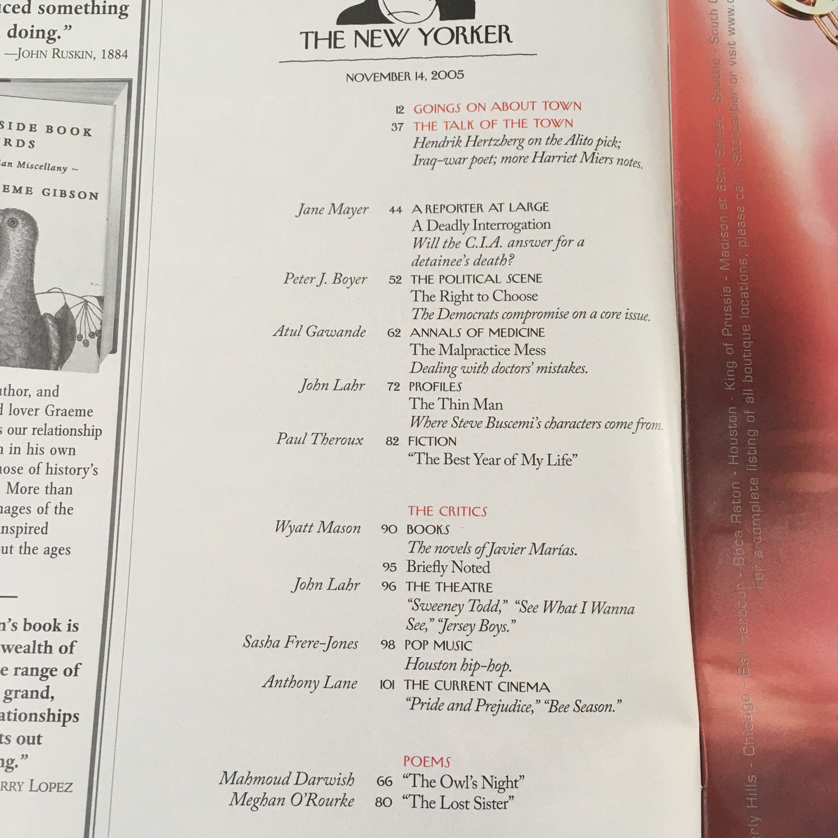 Table of contents page from The New Yorker Magazine, November 14, 2005, detailing articles and contributors including a piece by Jane Mayer and various critics' reviews.