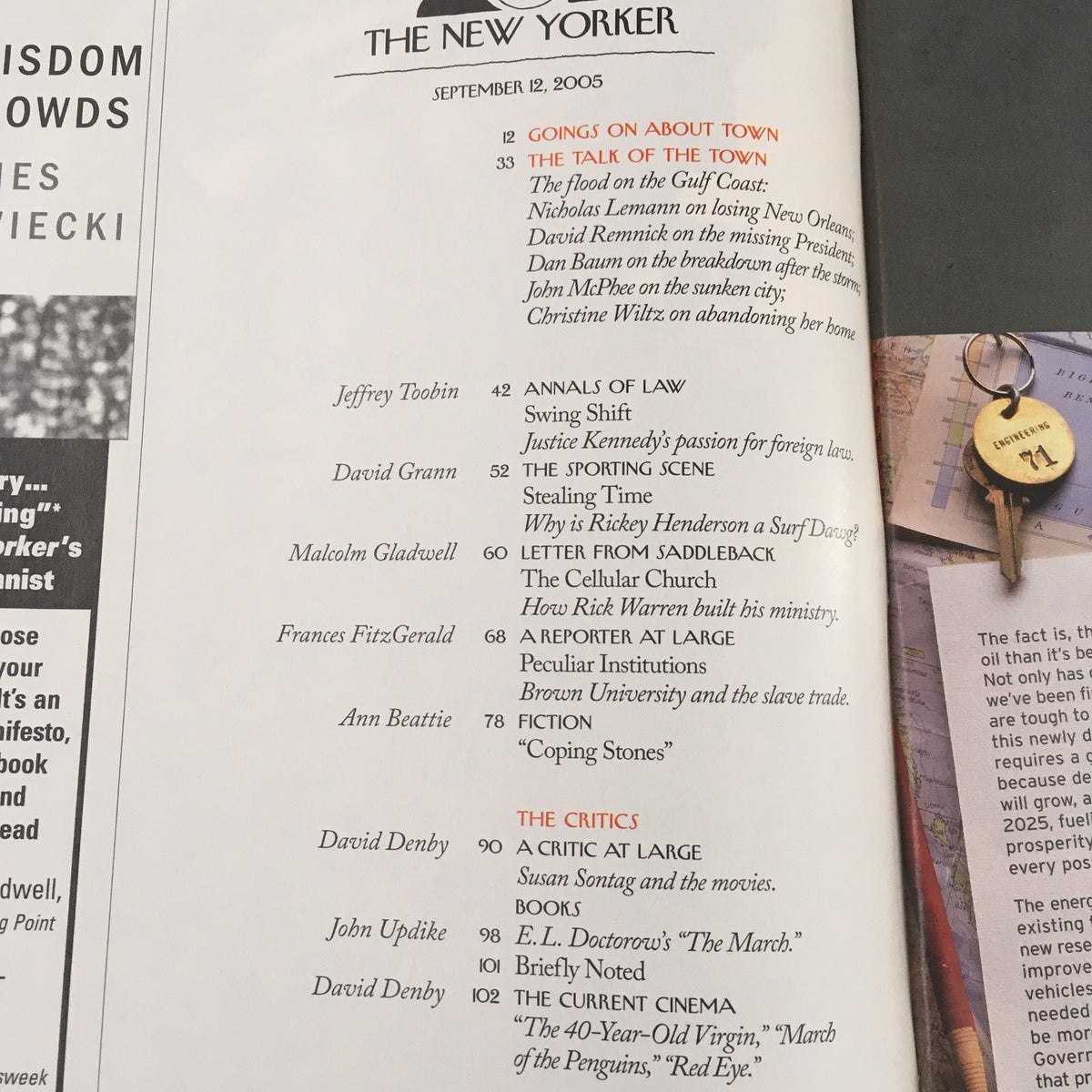 Interior page of The New Yorker September 12 2005 magazine showcasing contents including notable articles and themes from that issue.