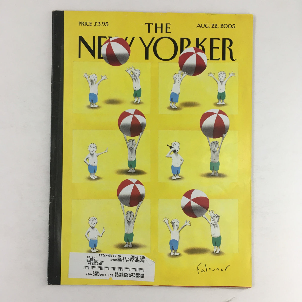 The New Yorker August 22 2005 Full Magazine Theme Cover by Ian Falconer featuring whimsical illustrations of children playing with beach balls on a bright yellow background.