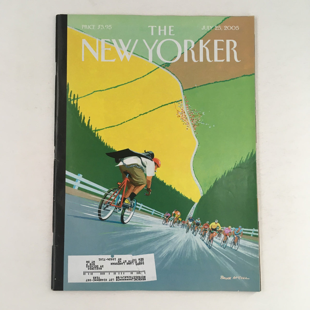The New Yorker July 25 2005 Full Magazine Theme Cover by Bruce McCall featuring vibrant illustration of cyclists on a scenic route.