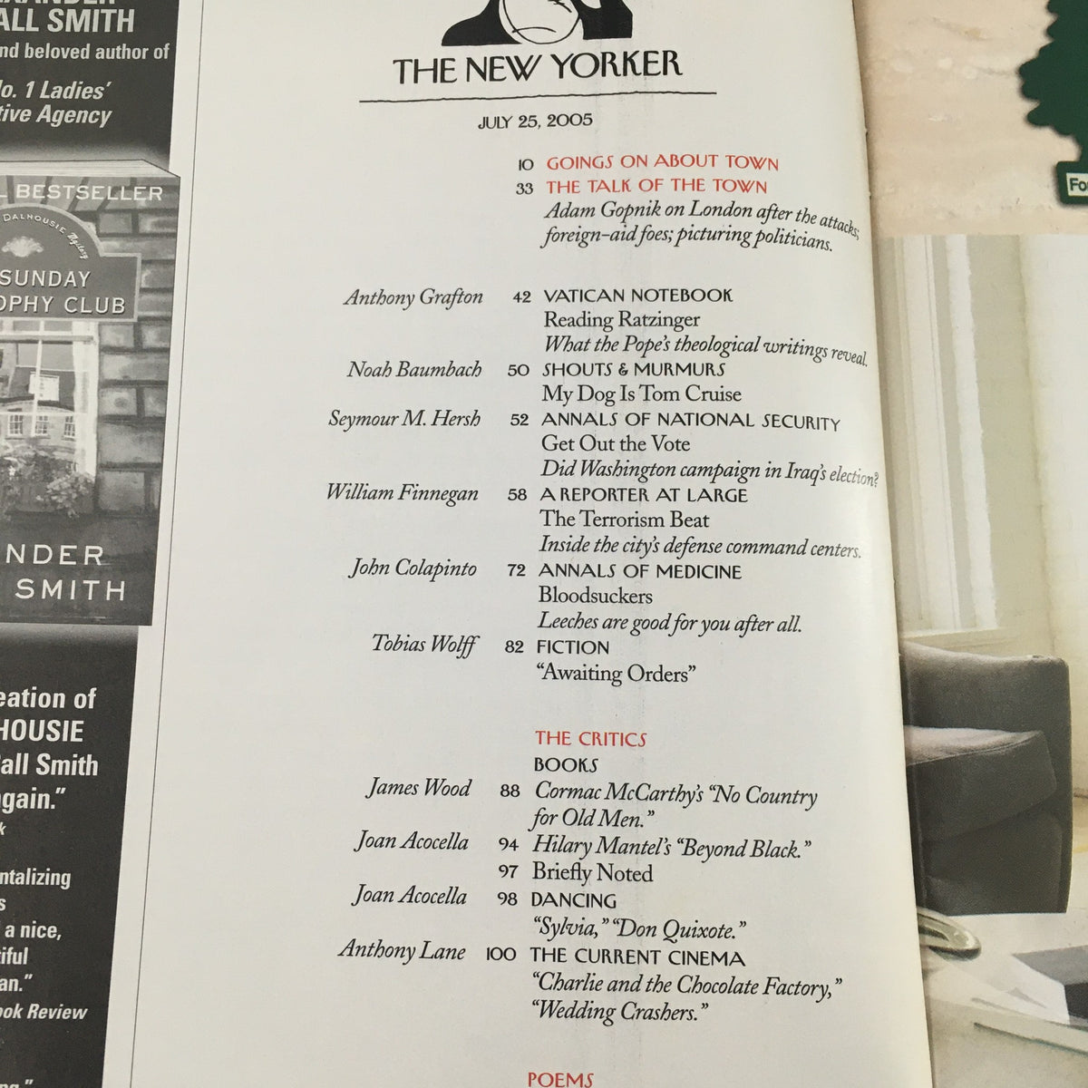 Contents page of The New Yorker July 25 2005 magazine detailing articles and features within the issue.