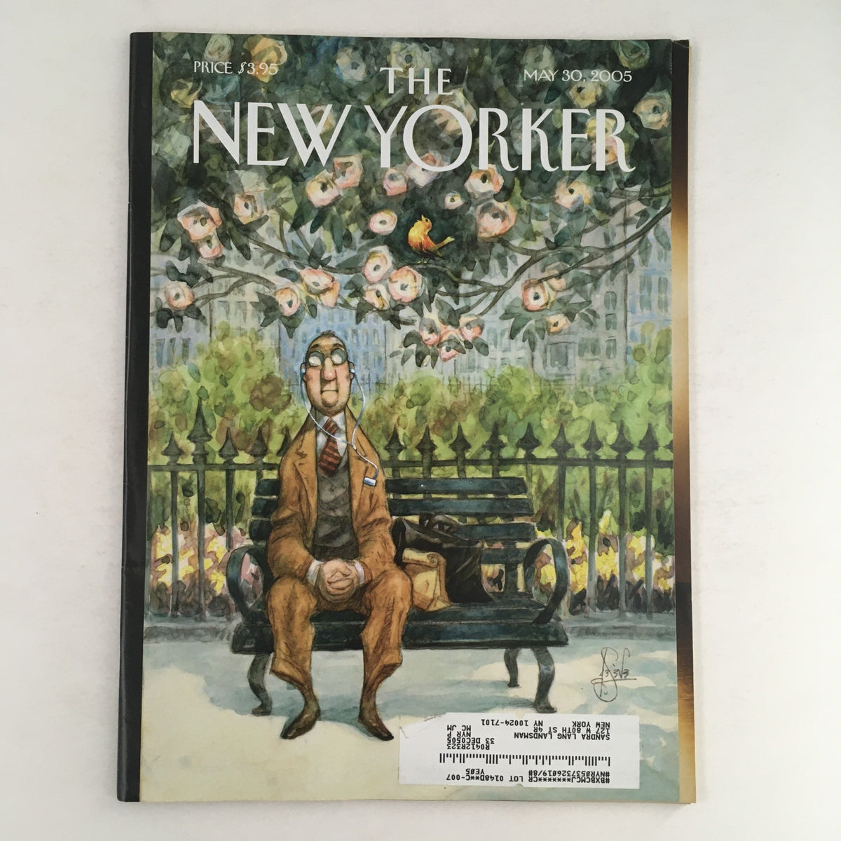 Cover of The New Yorker Full Magazine May 30 2005 titled 'The Song of Spring' featuring a charming illustration by Peter de Sève, depicting a man sitting on a park bench surrounded by blooming flowers.