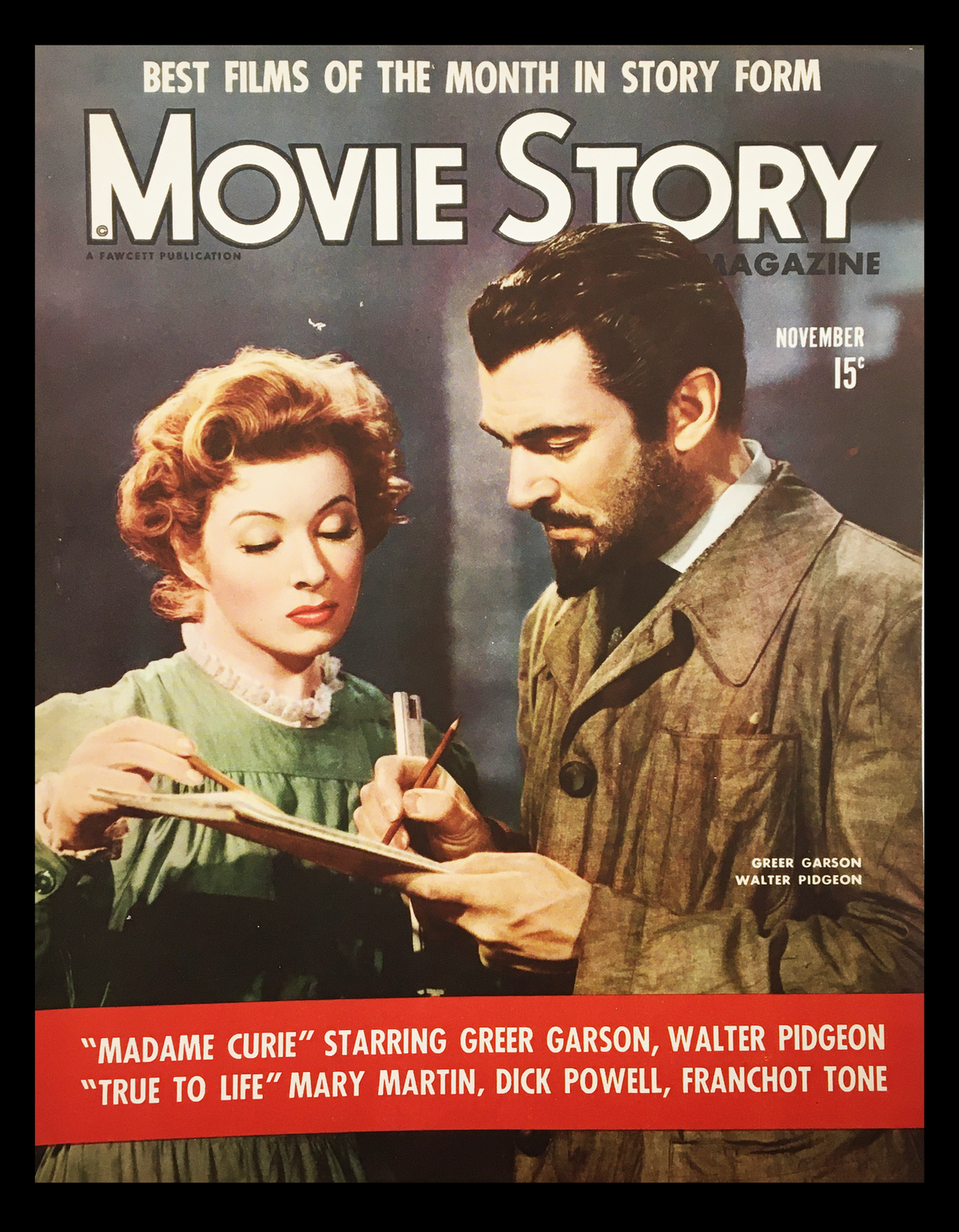 COVER ONLY Movie Story Magazine, November 1943 featuring Greer Garson and Walter Pidgeon. The vintage cover showcases a moment from 'Madame Curie' with elegant design and vibrant colors, a perfect collector's item reflecting classic Hollywood charm.
