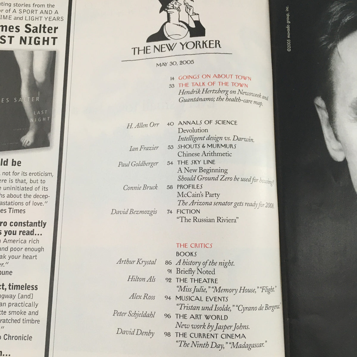 Contents page of The New Yorker Full Magazine May 30 2005, highlighting articles and features including 'The Allen Orr' and 'The Book of the Town', showcasing the magazine's literary offerings.