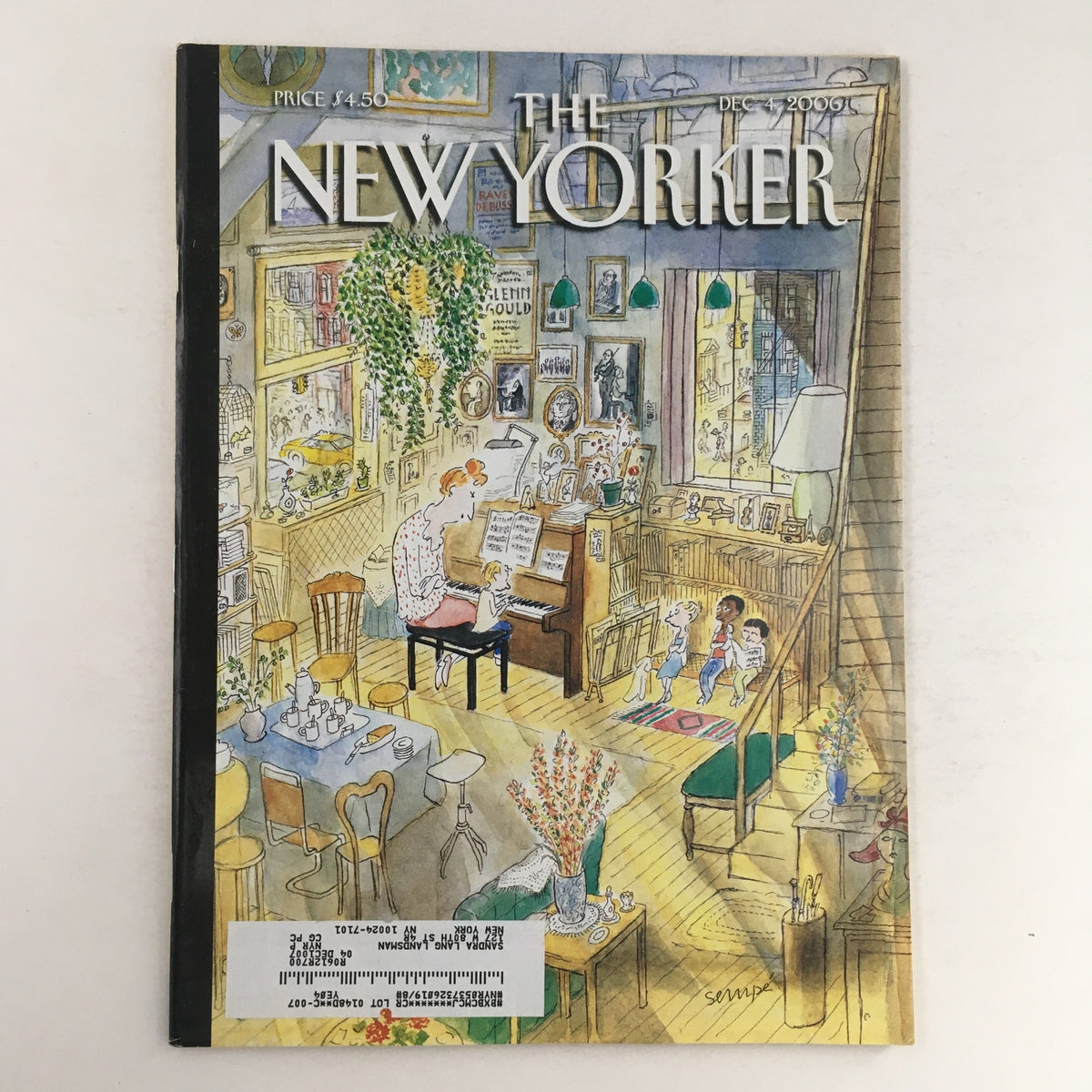 Cover of The New Yorker Magazine, December 4, 2006, featuring 'The Piano Lesson' illustration by Jean-Jacques Sempé, showcasing a cozy interior scene with a man playing piano and children gathered around.