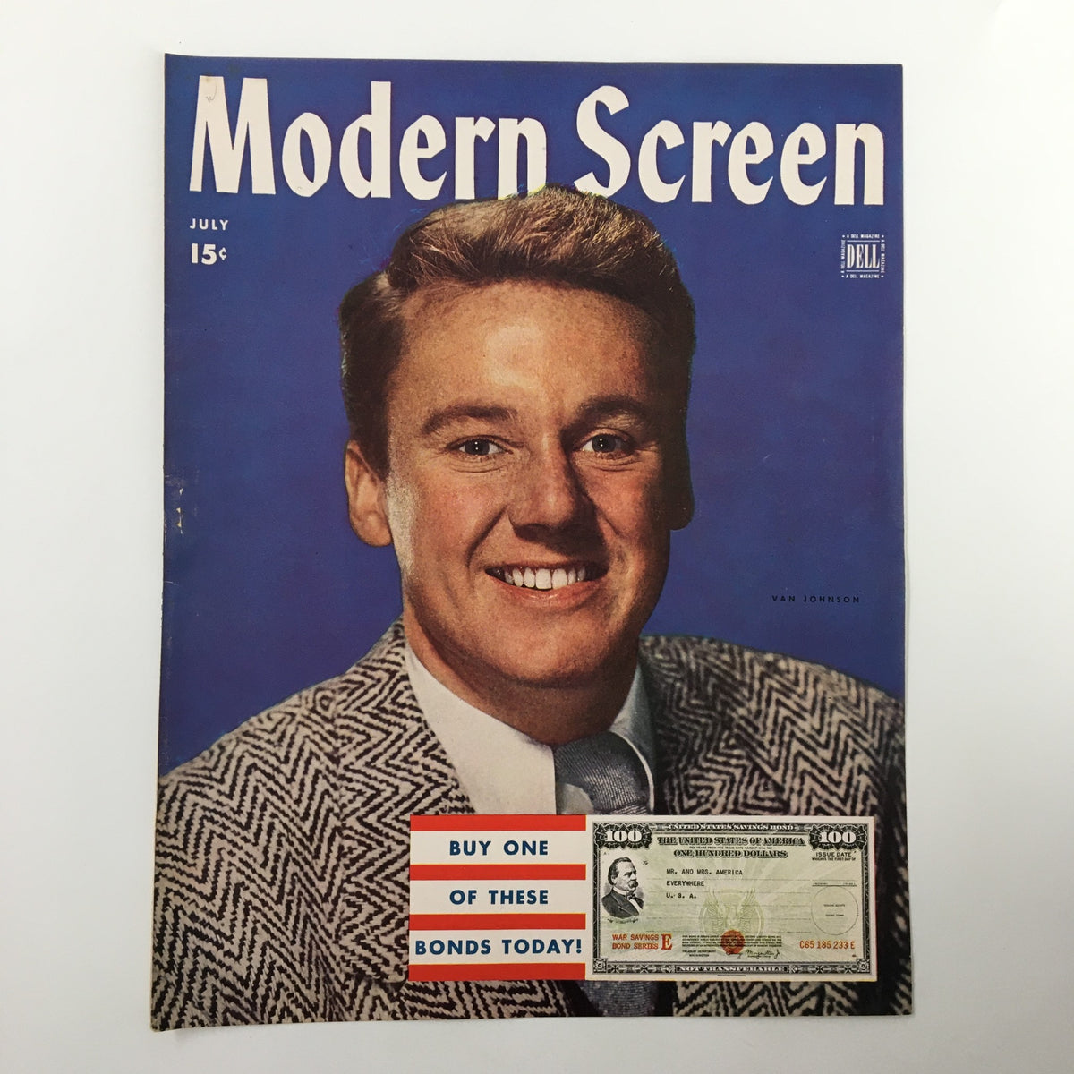 COVER ONLY Modern Screen Magazine July 1944 depicting Van Johnson, highlighting vintage Hollywood style and a promotional message for War Bonds.