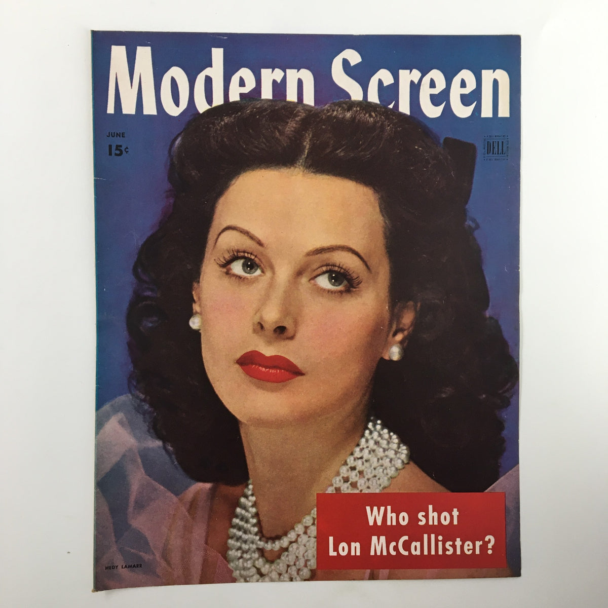 COVER ONLY Modern Screen Magazine June 1944 featuring an iconic vintage illustration of a glamorous woman with curly dark hair and pearl earrings, asking 'Who shot Lon McCallister?'