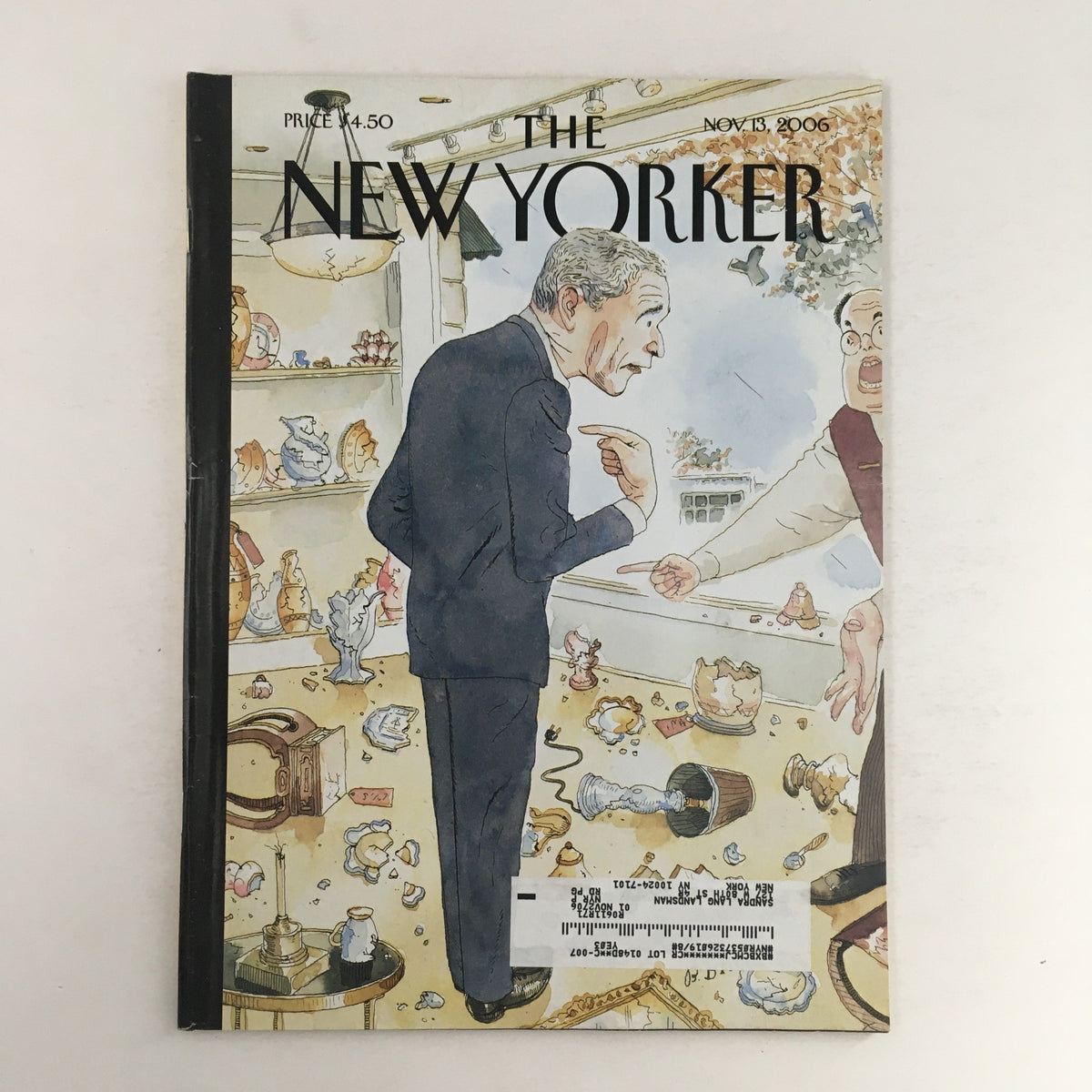 The New Yorker Full Magazine from November 13, 2006 featuring the cover illustration 'You Broke It' by Barry Blitt, showcasing a humorous scene with a man gesturing amidst scattered china and collectibles.