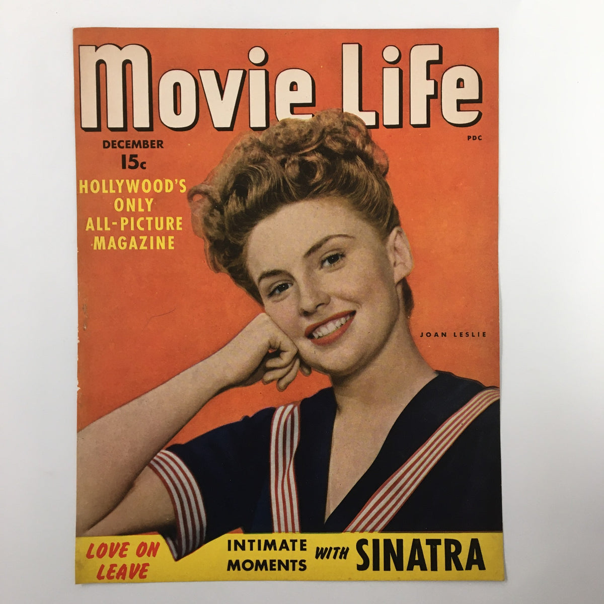 COVER ONLY Movie Life Magazine December 1943 featuring Joan Leslie, illustrating the vibrant design of Hollywood's only all-picture magazine, emphasizing intimate moments with Sinatra.