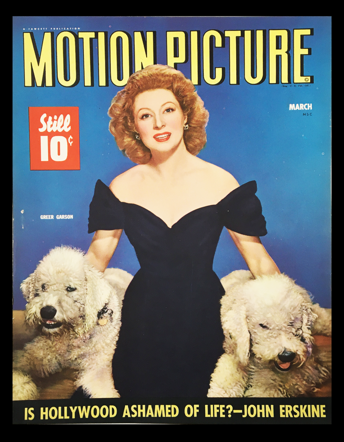COVER ONLY Motion Picture Magazine March 1943 featuring actress Greer Garson with two dogs, showcasing vintage Hollywood charm.