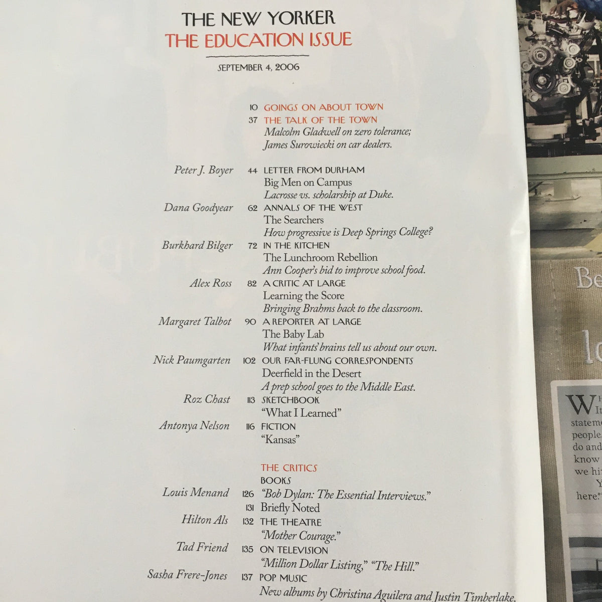 Interior page of The New Yorker magazine, September 4, 2006, showcasing the table of contents for 'The Education Issue' with various article titles and authors, reflecting the period's dialogue and cultural themes.