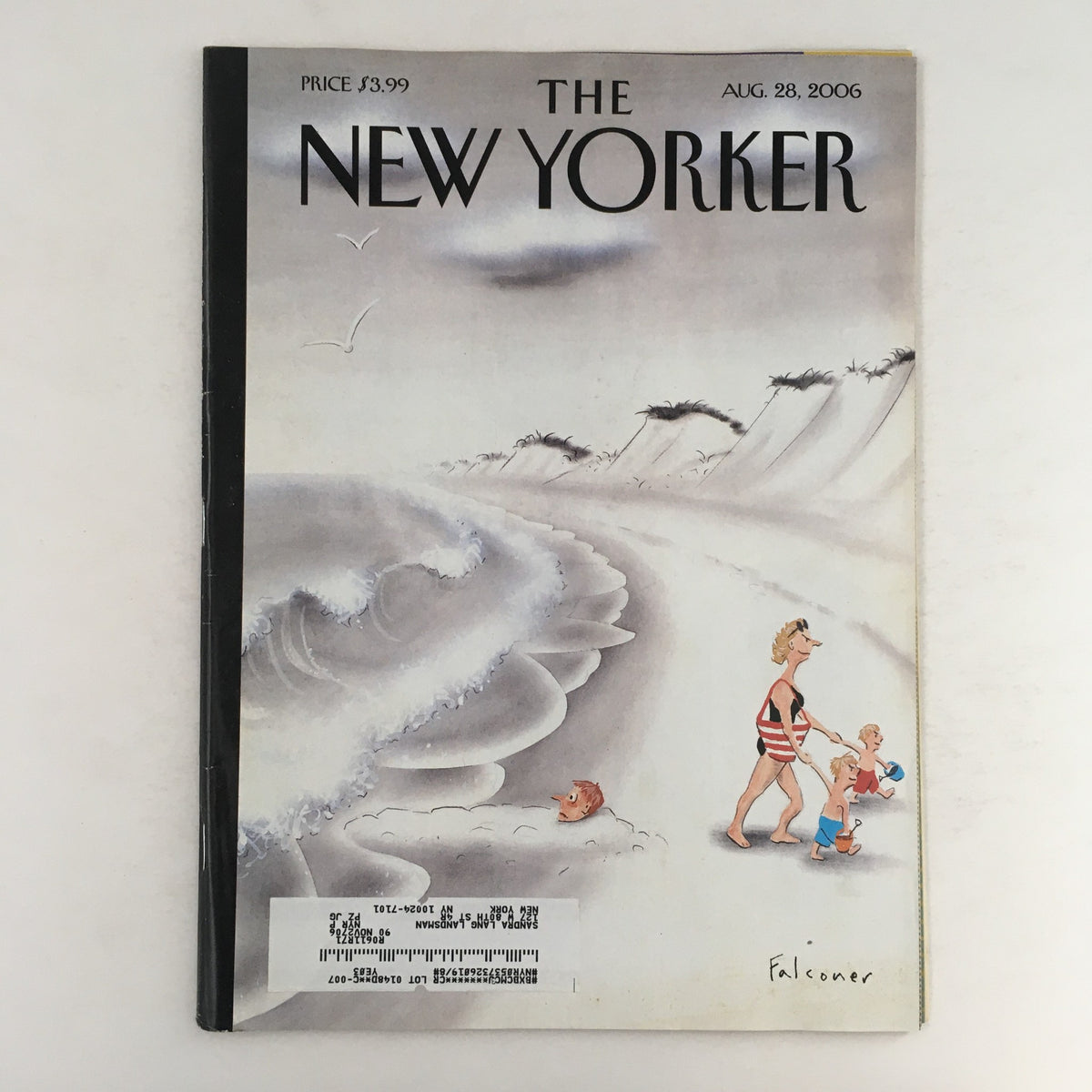 The New Yorker Full Magazine cover from August 28, 2006, featuring the artwork 'An Incoming Tide' by Ian Falconer, depicting a woman walking on the beach with children and features whimsical illustrations.