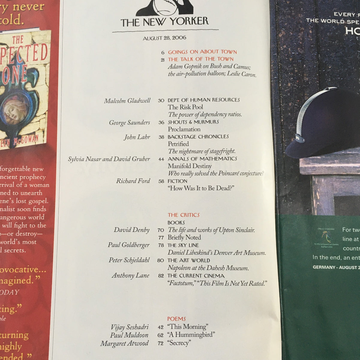 An overview of the table of contents from The New Yorker magazine, August 28, 2006, featuring articles by Malcolm Gladwell, George Saunders, and other notable writers, alongside the magazine title and date. This image complements the feature article 'An Incoming Tide' by Ian Falconer.
