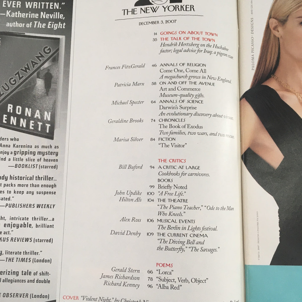 Page from The New Yorker Magazine December 3 2007 showing editorial content, including table of contents and article titles for the issue, highlighting various topics and contributors.