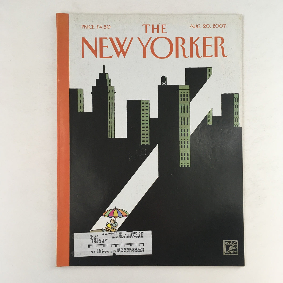 Cover of The New Yorker Full Magazine August 20 2007 featuring summer reading by Joost Swarte, showcasing a striking urban skyline design with a colorful umbrella character.