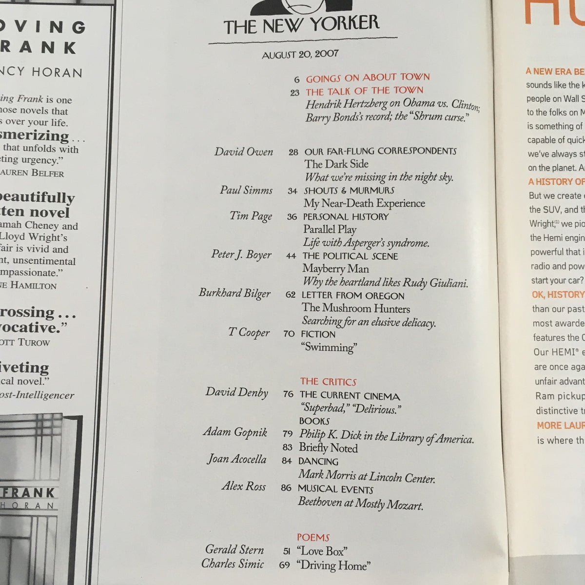 Detail from The New Yorker Full Magazine August 20 2007, showcasing the table of contents with featured articles and illustrations for summer reading, highlighting literary contributions from various authors.