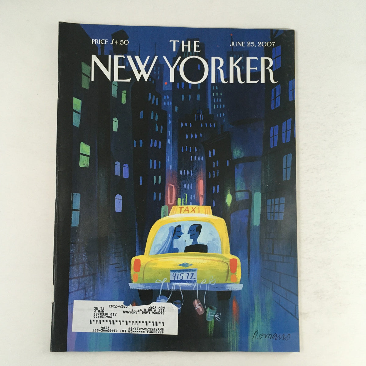 The New Yorker June 25 2007 Full Magazine Theme Cover by Lou Romano featuring a vibrant illustration of a yellow taxi in a nighttime urban setting, showcasing artistic flair and cultural reflections.
